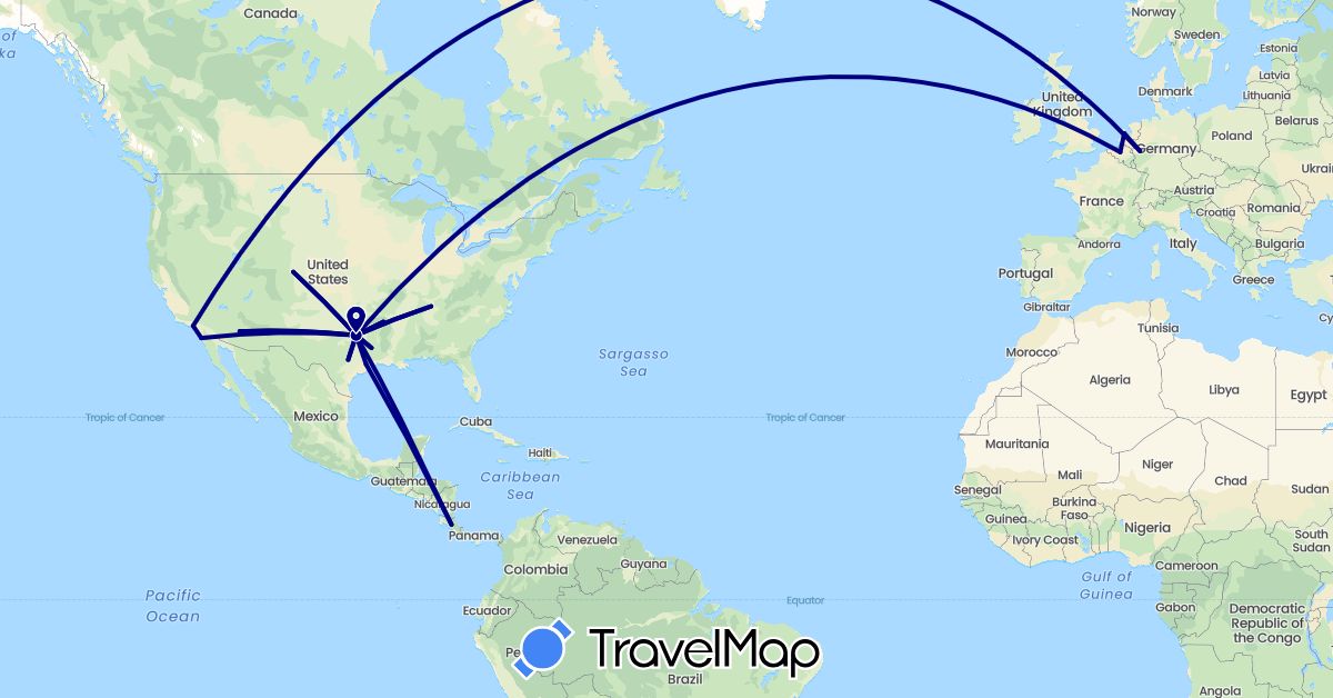 TravelMap itinerary: driving in Belgium, Costa Rica, Germany, Netherlands, United States (Europe, North America)